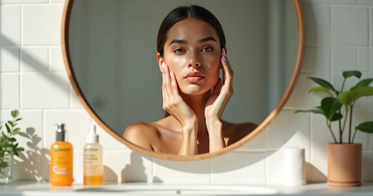 Mulher aplicando sérum de vitamina C no rosto com manchas leves na bochecha 
