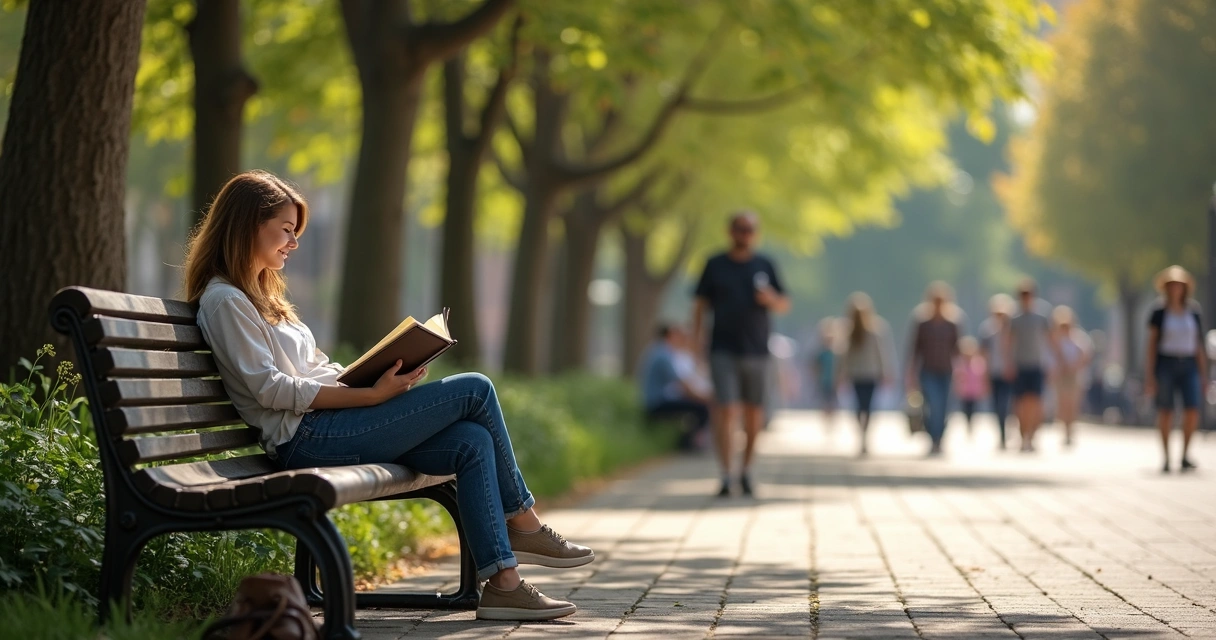 Mulher lendo livro em praça após mudar sua rotina 