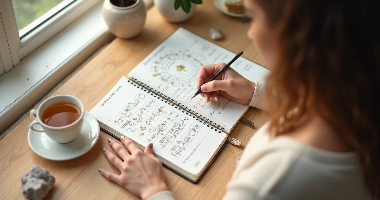 Mulher escrevendo em agenda ao lado de mapa astral e chá 
