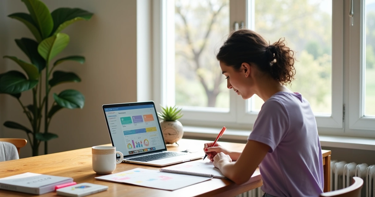 Mulher organiza rotina de estudos em marketing com planner colorido e notebook na mesa 