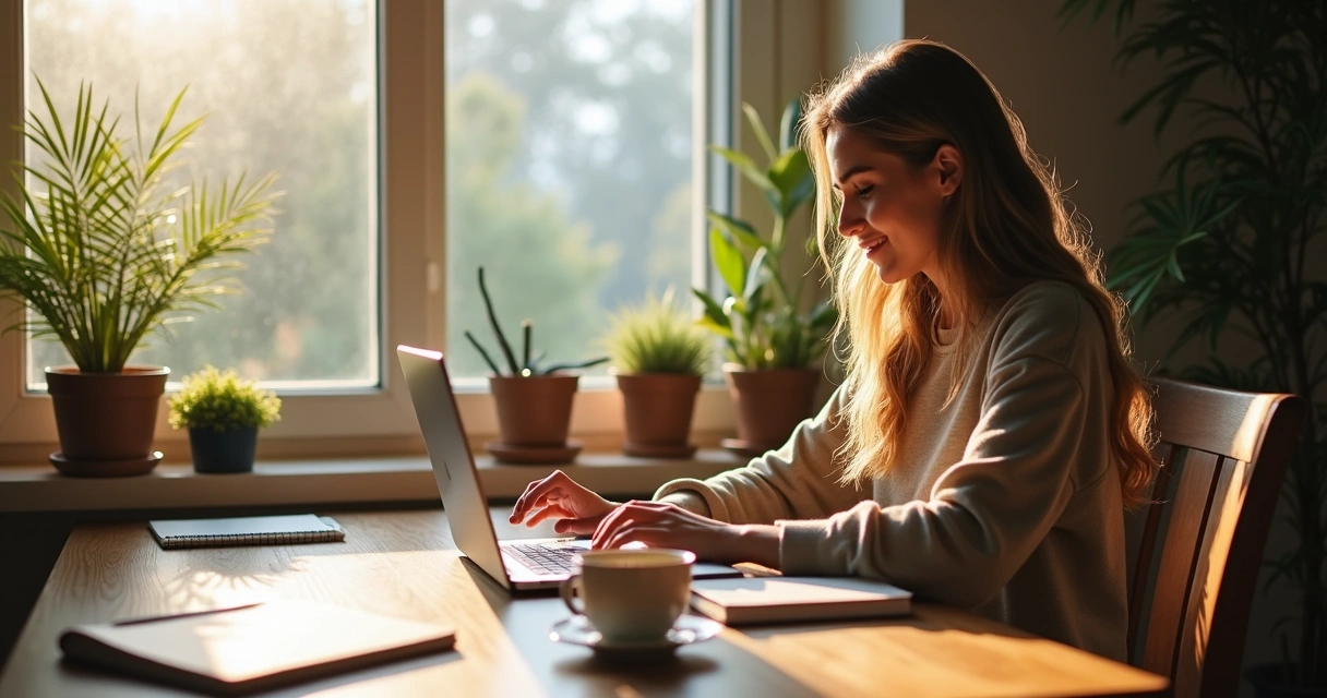 Mulher sorrindo trabalhando de casa em uma mesa organizada 