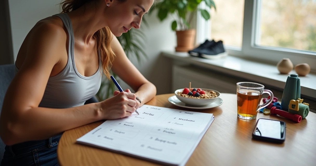 Mulher organizando rotina saudável com planner de treinos e academia ao fundo 