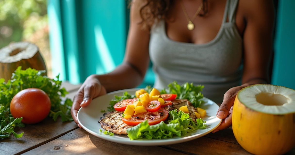 Mulher em Salvador seg segura uma salada com frutas e verduras 