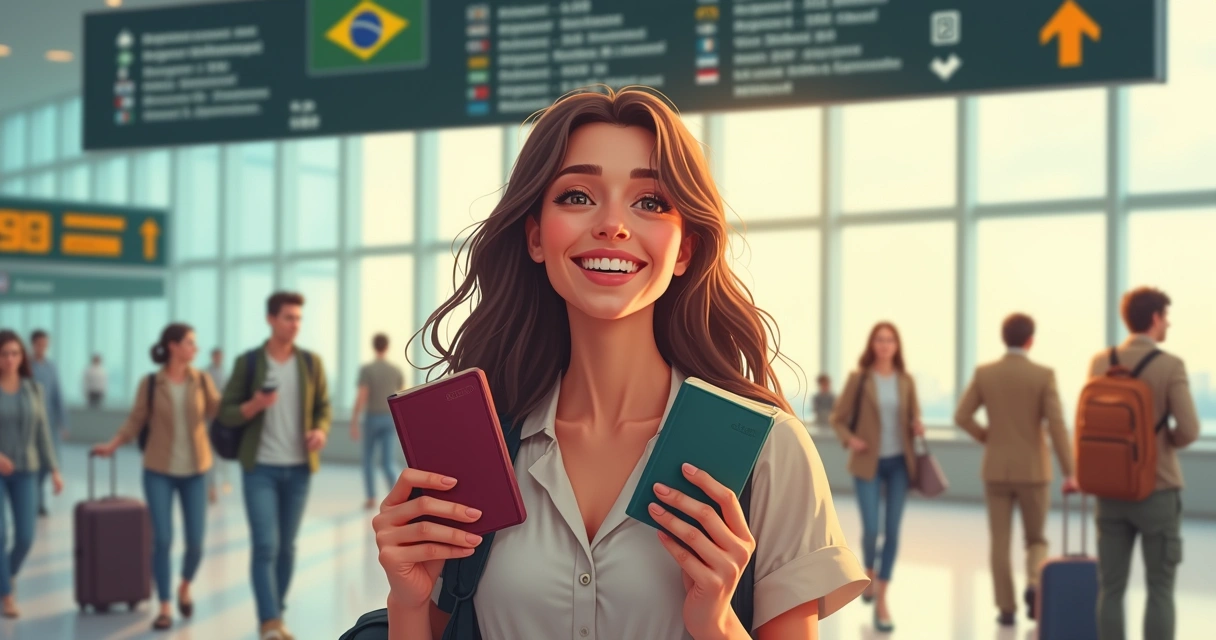Mulher sorrindo com passaporte em aeroporto 
