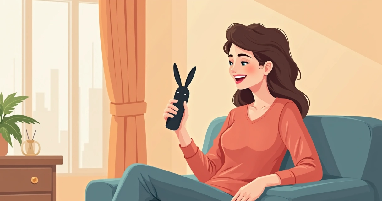 Mulher sorrindo segurando vibrador rabbit discreto em ambiente agradável. 