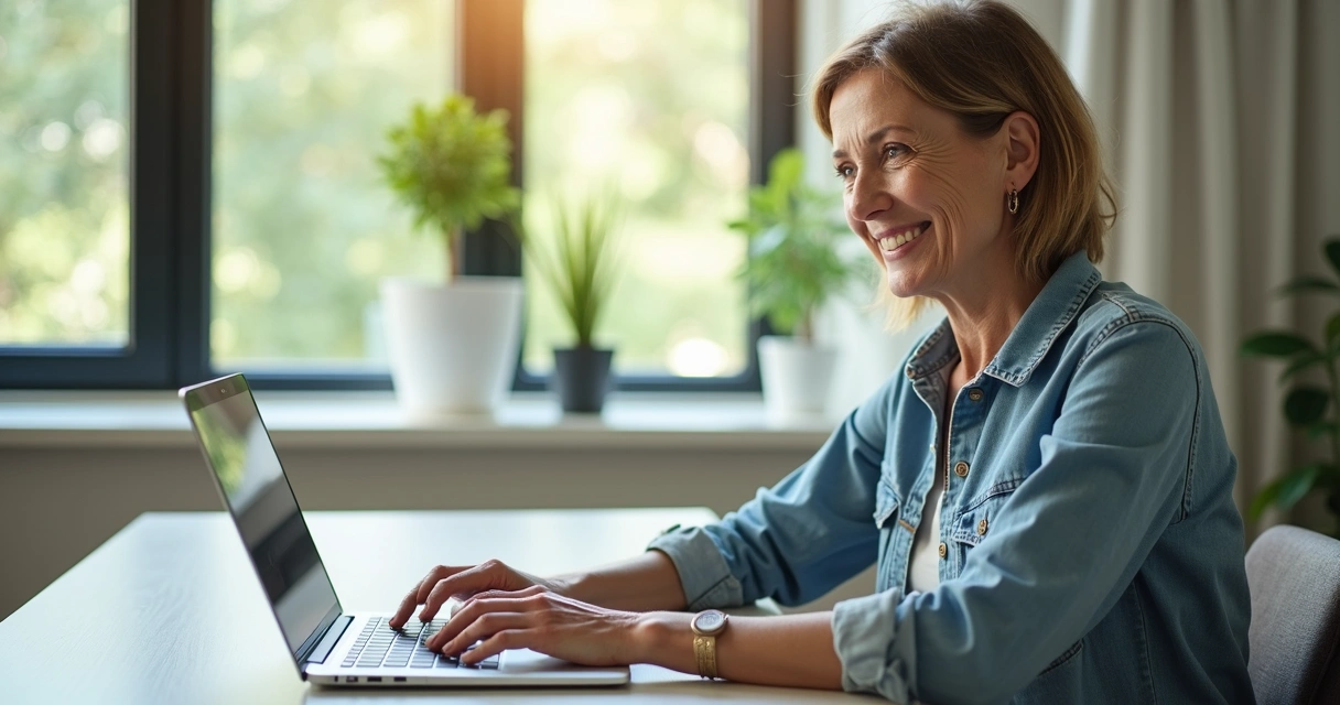 Mulher madura sorrindo enquanto checa relatórios de renda digital no notebook. 