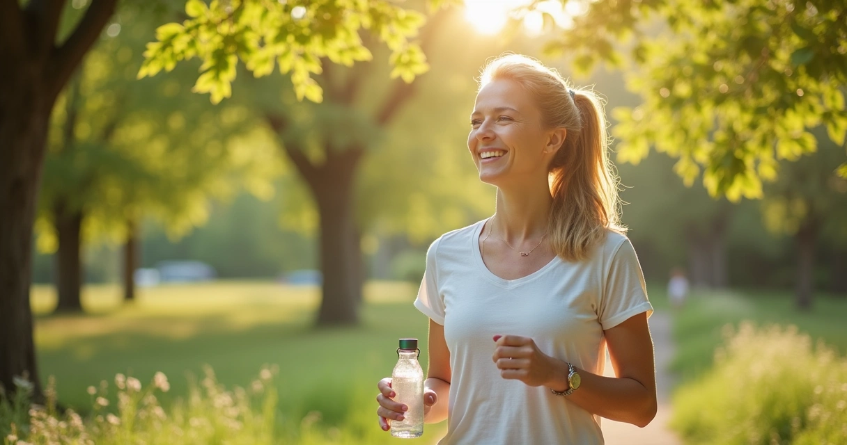 Mulher sorridente caminhando em parque, simbolizando saúde após procedimento ginecológico 