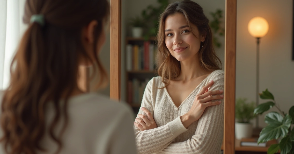 Mulher se olhando no espelho com expressão serena
