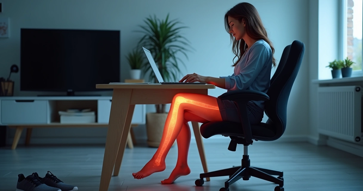 Mulher sentada longamente ao computador com veias aparentes nas pernas 