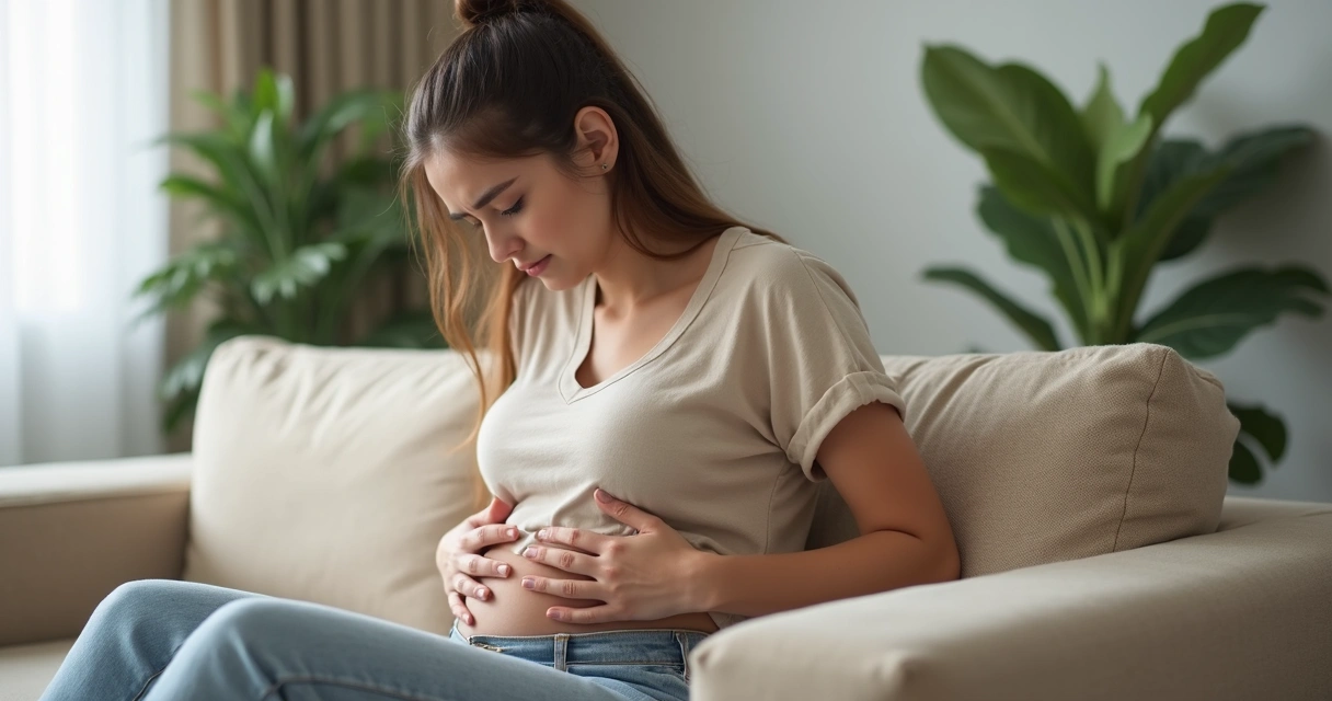 Mulher segurando a barriga, aparentando desconforto 