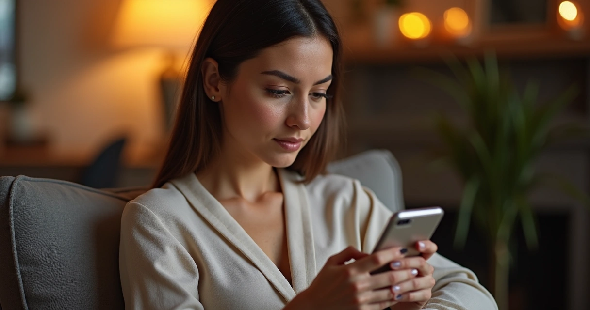 Mulher adulta segurando telefone com olhar atento 
