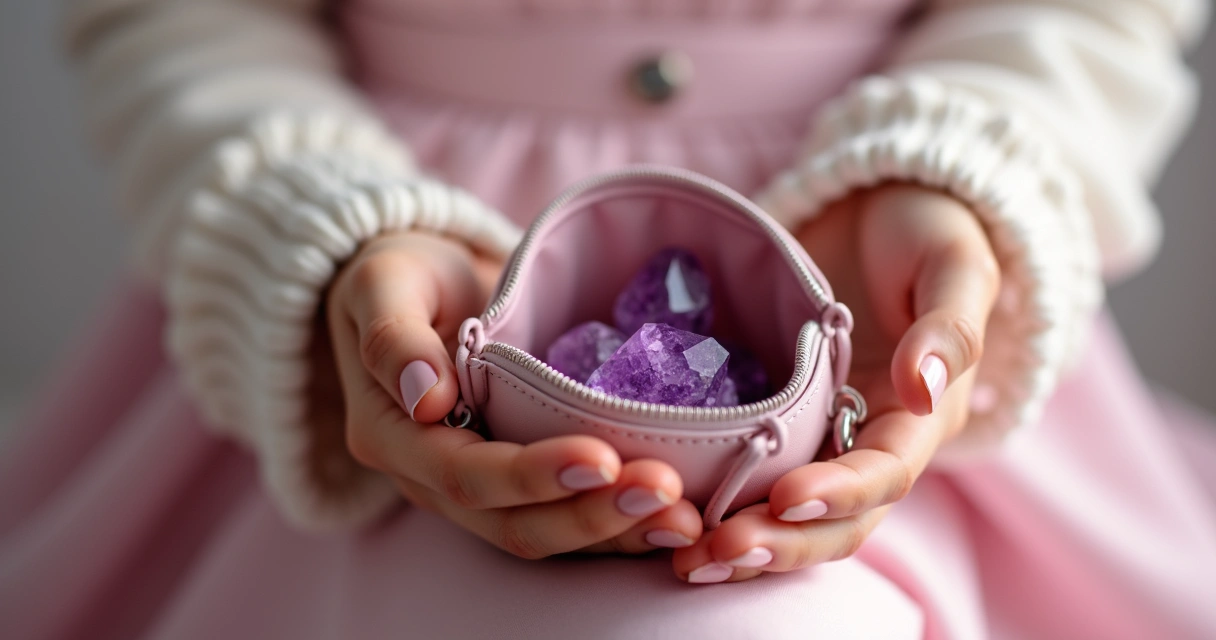 Mão feminina segurando delicadamente um cristal próximo à bolsa 