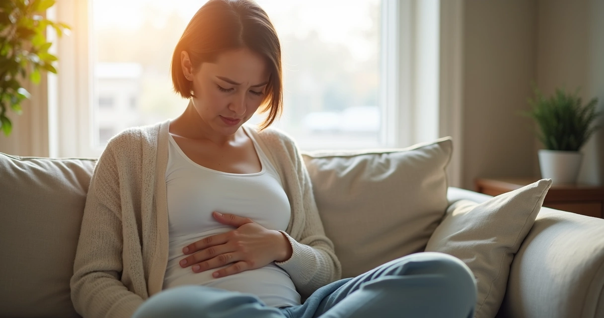Mulher adulta sentada no sofá, segurando o estômago com expressão de leve desconforto; 