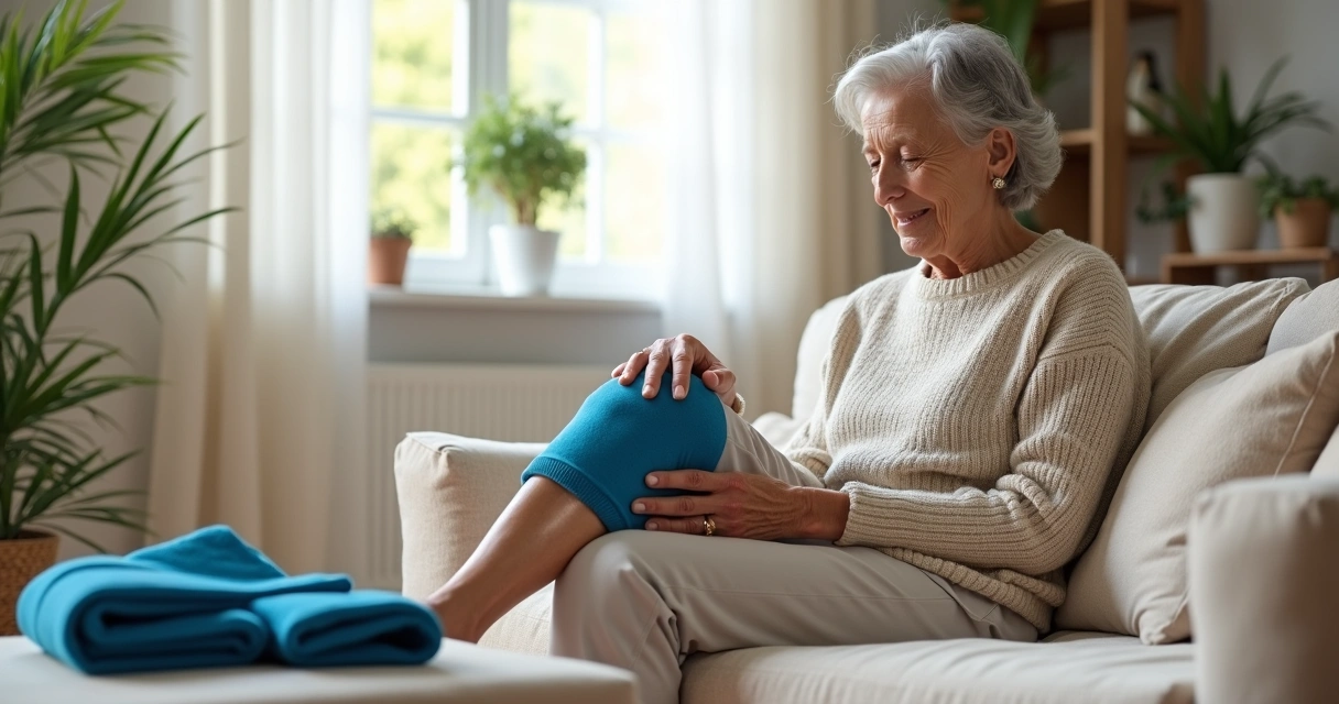 Mulher idosa sentada no sofá segurando o joelho dolorido com bolsa de gelo aplicada 