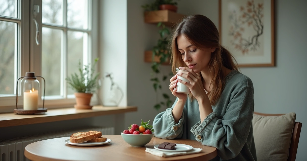 Mulher sensível sentada à mesa segurando caneca com expressão pensativa 