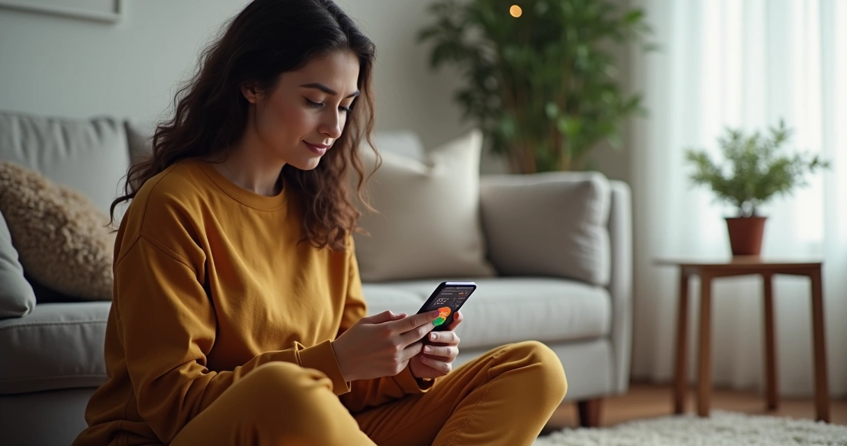 Mulher sentada usando aplicativo de saúde mental no celular