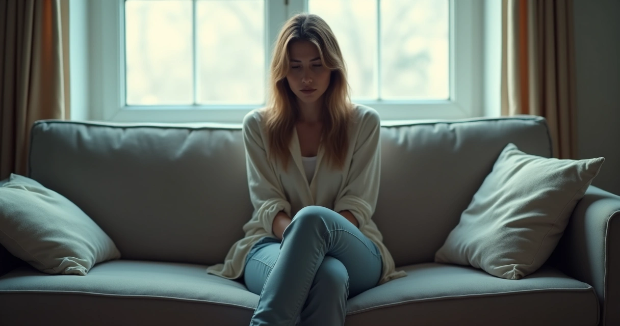 Mulher sentada sozinha no sofá, olhando para baixo, com expressão triste. 