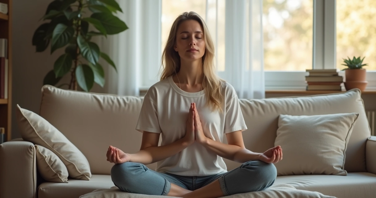 Mulher sentada em um sofá com olhos fechados, praticando meditação