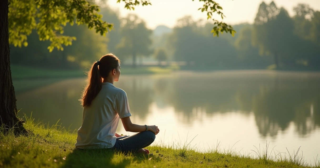 Mulher sentada sozinha em área verde próxima a um lago, refletindo em silêncio