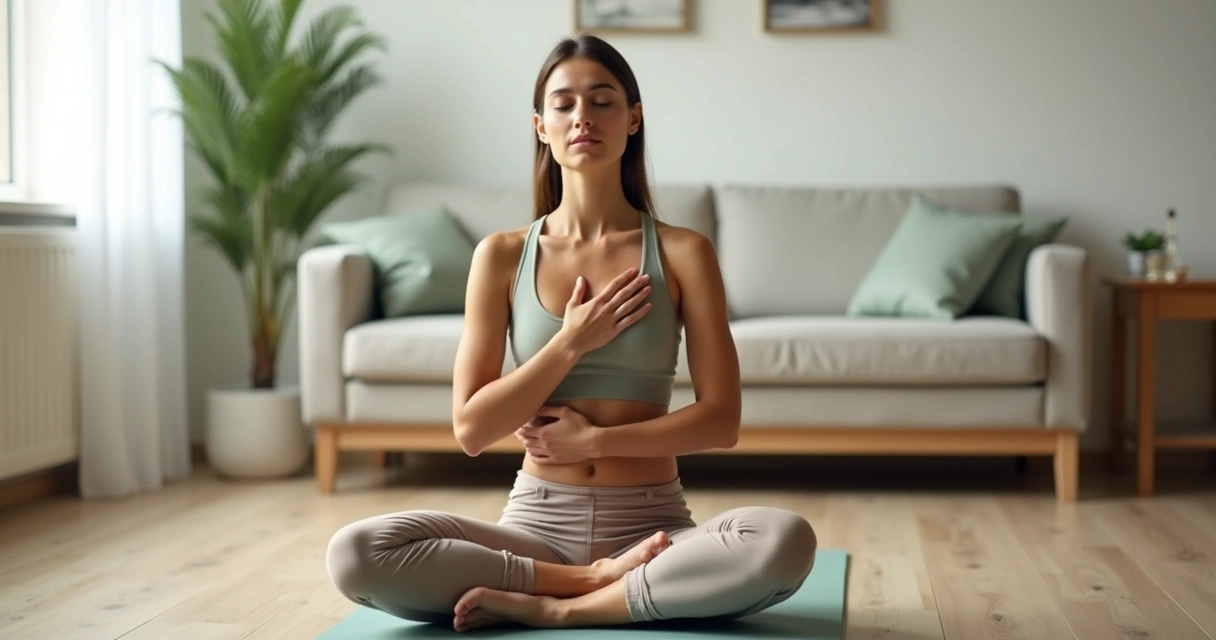 Mulher sentada em postura confortável prestando atenção ao próprio corpo 