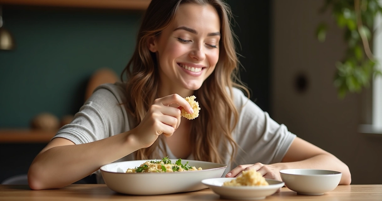 Mulher sorrindo sentada praticando alimentação consciente 