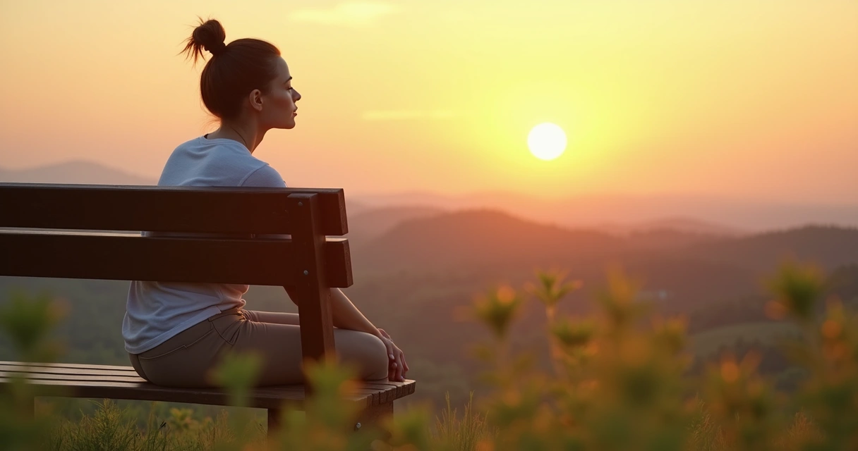 Mulher sentada olhando para o horizonte, pensativa 