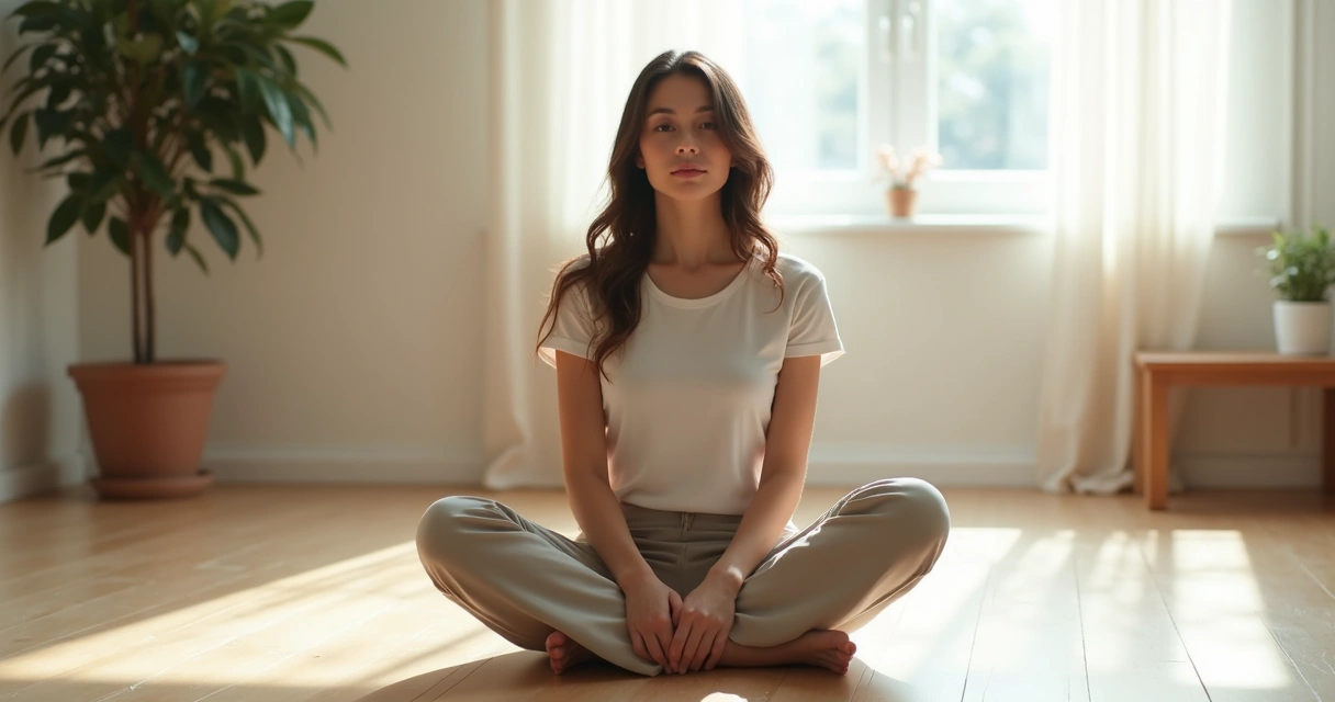 Mulher sentada refletindo em ambiente calmo
