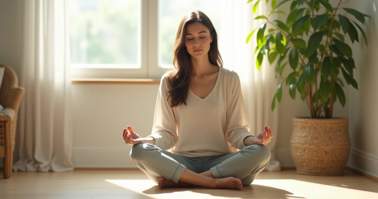 Mulher sentada em posição de reflexão, olhando para baixo 