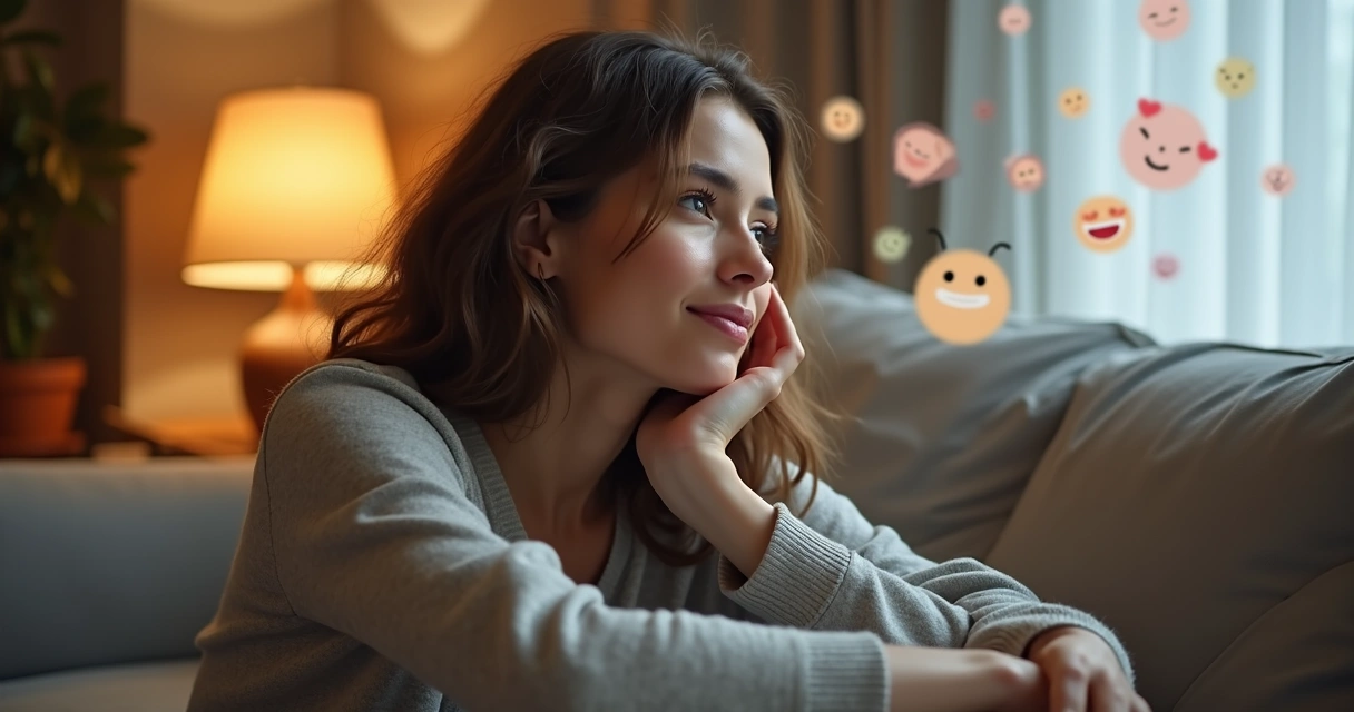 Mulher sentada reflexiva com mão no queixo, expressão serena 