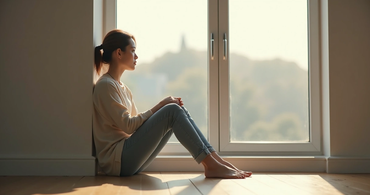 Mulher sentada em posição reflexiva olhando pela janela.