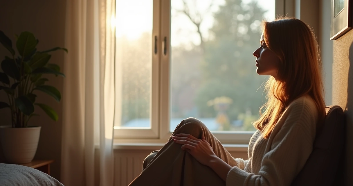 Mulher sentada olhando pela janela absorvida em pensamentos 