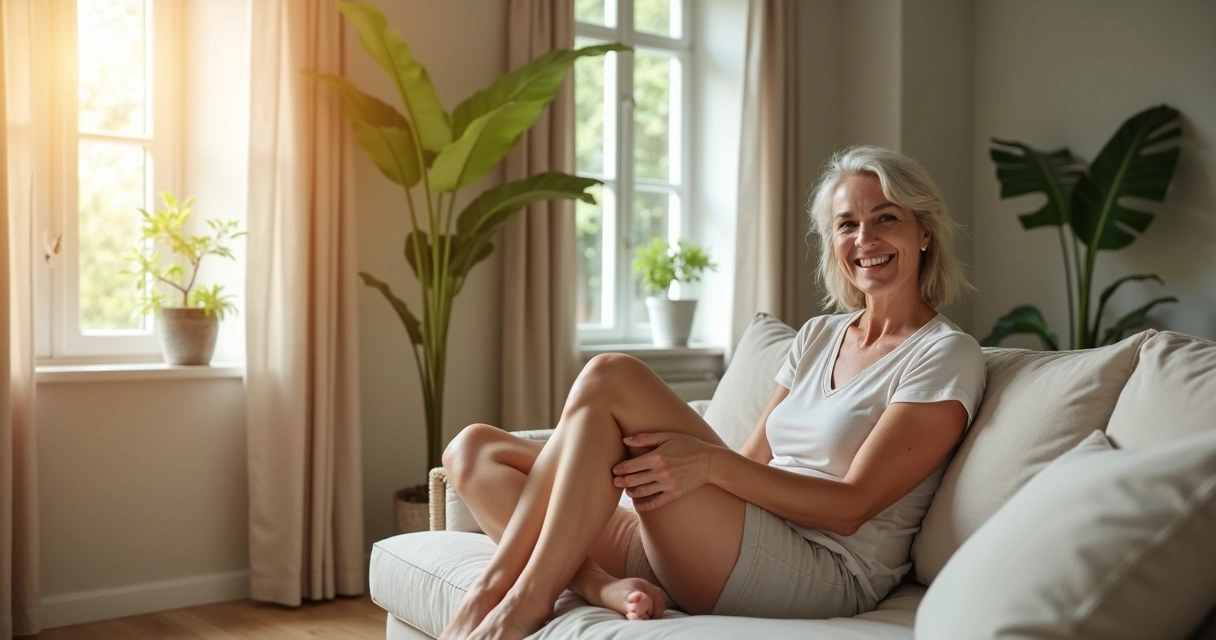 Mulher sentada sorrindo em ambiente confortável, mostrando pernas saudáveis sem varizes 