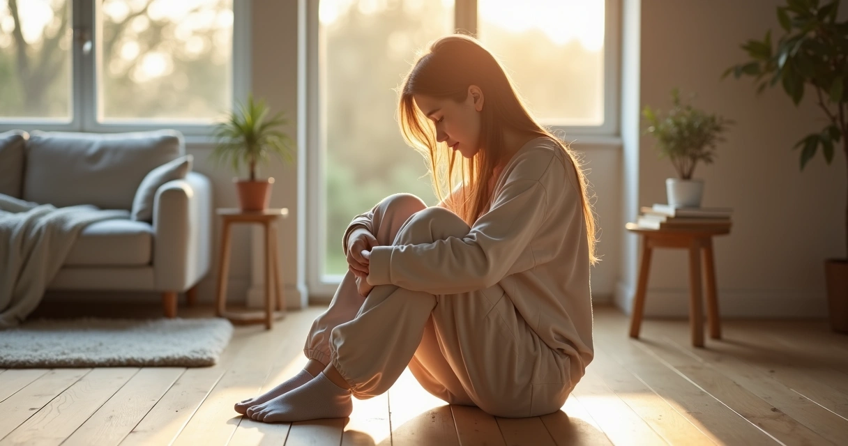 Mulher sentada no chão perto da janela praticando atenção às emoções 
