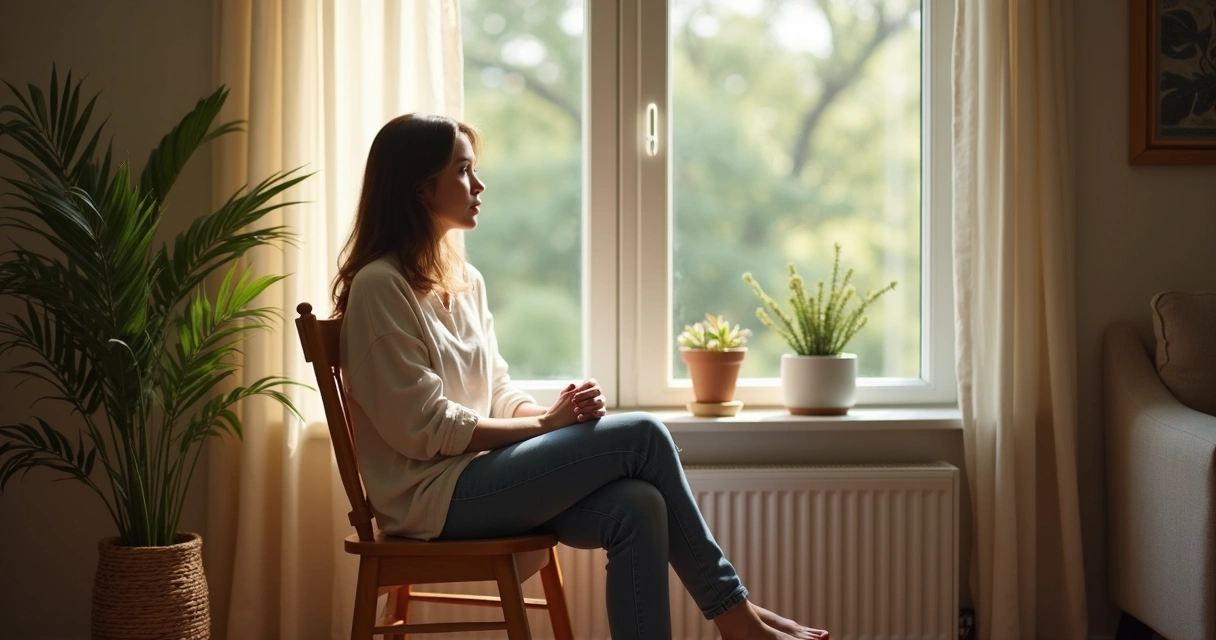 Mulher sentada ao lado de uma janela, olhando para fora, refletindo em silêncio 