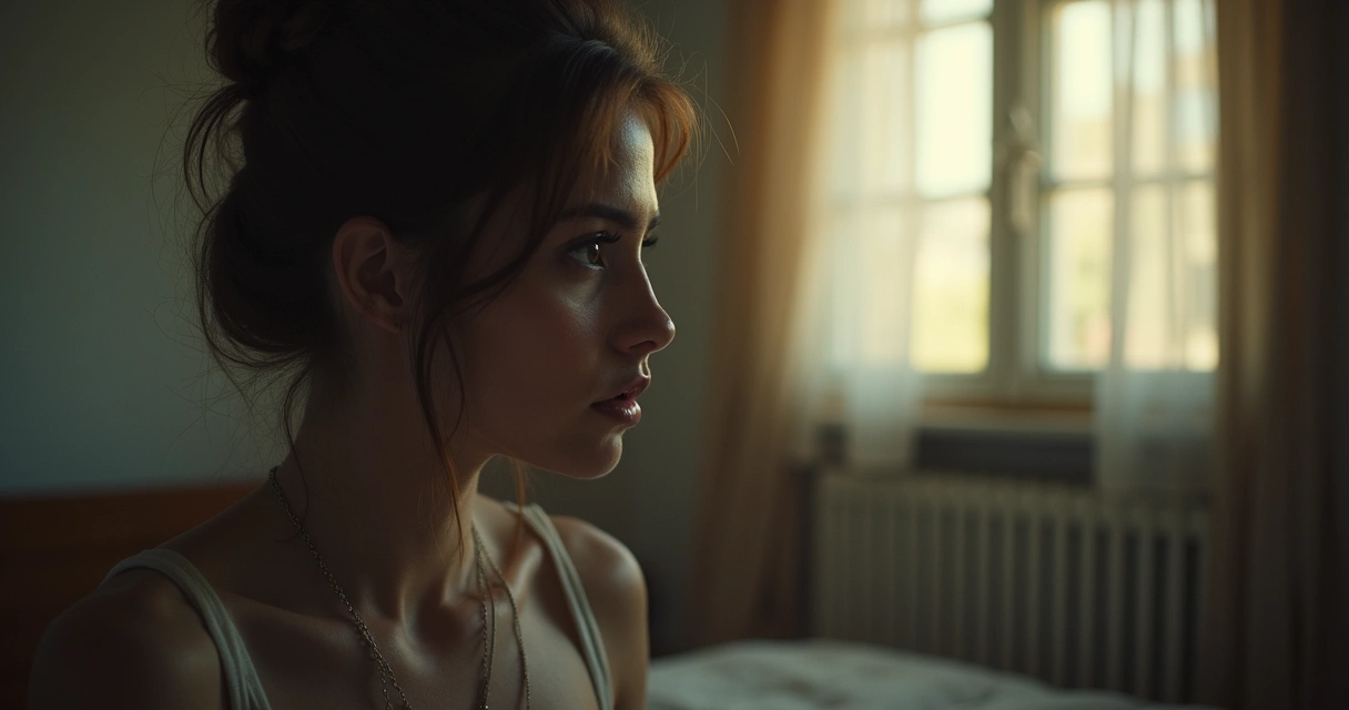 Mulher sentada sozinha em um quarto, parecendo pensativa e com tristeza visível, ambiente suave e iluminação natural 