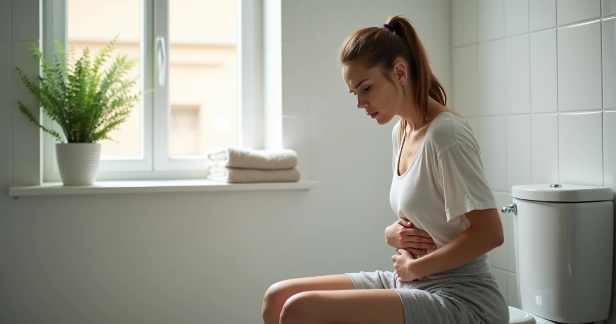 Mulher sentada no vaso sanitário com expressão de preocupação 