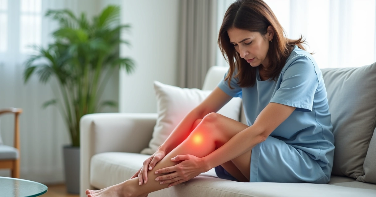 Mulher sentada no sofá com dor aguda na perna segurando a panturrilha 