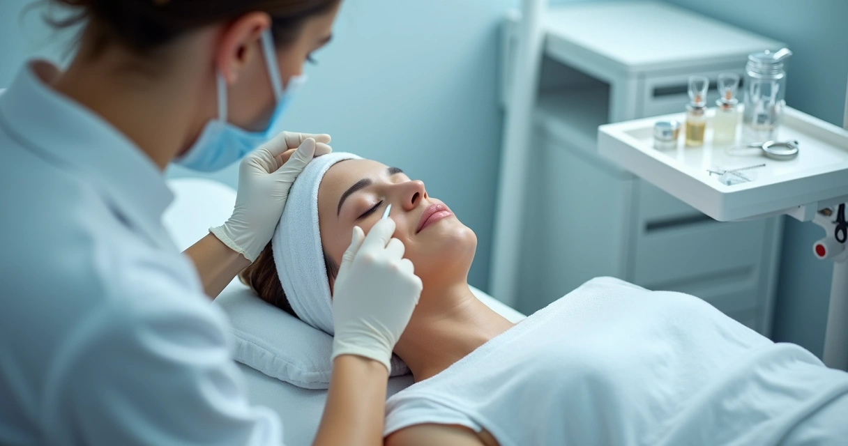 Especialista aplicando peeling facial em mulher deitada em maca clínica 