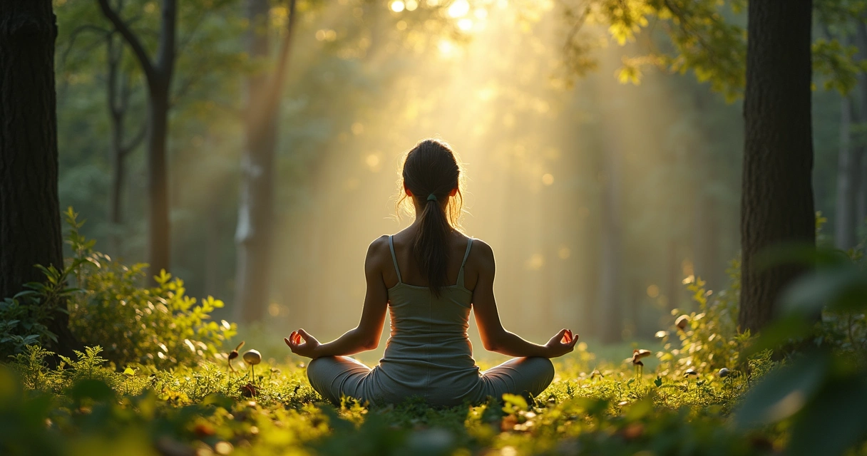 Mulher meditando em meio à natureza contemplando o silêncio ao redor. 