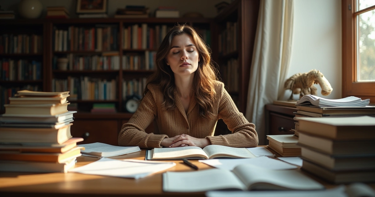 Mulher sentada em silêncio em meio a livros 