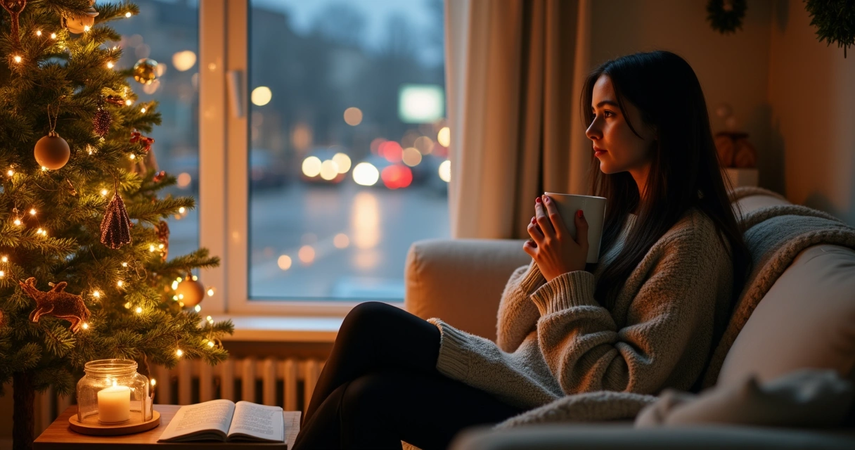Mulher sentada no sofá olhando para árvore de Natal com luzes suaves ao anoitecer 