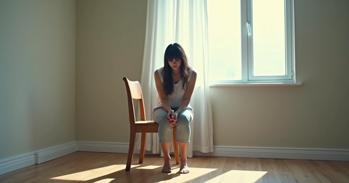 Mulher sentada sozinha em uma cadeira olhando para baixo 