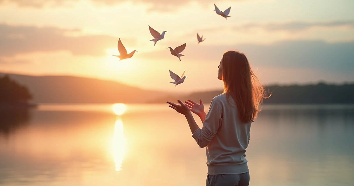 Pessoa em pé à beira de um lago ao pôr do sol soltando pássaros de papel 