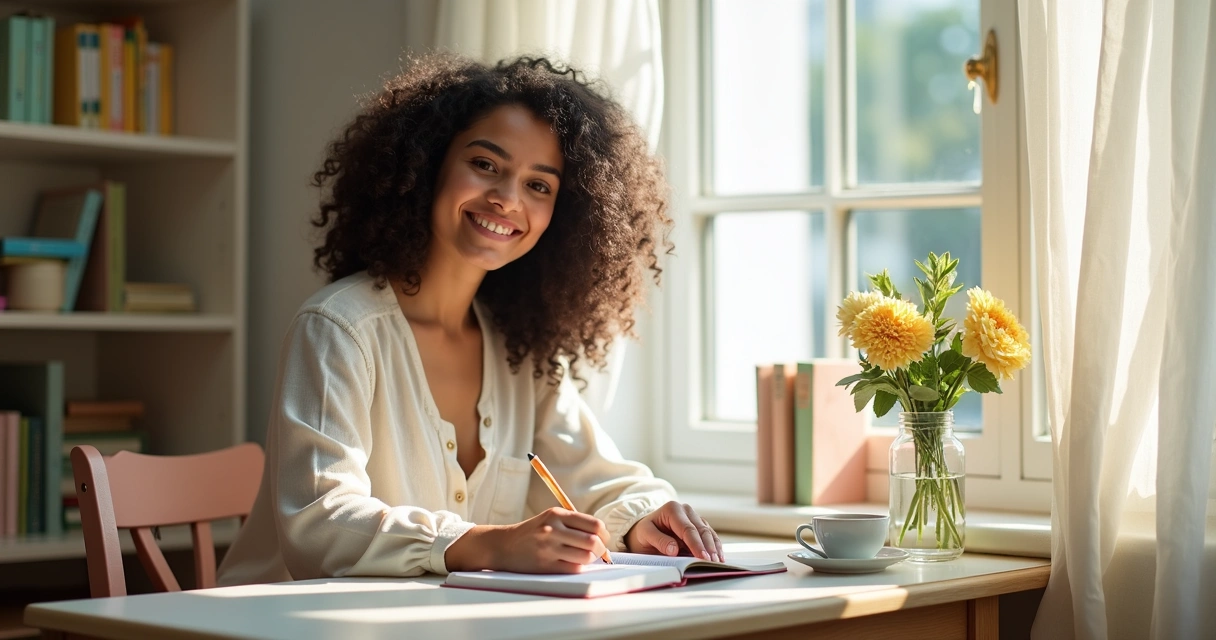 Mulher escrevendo plano de rotina cristã em caderno 