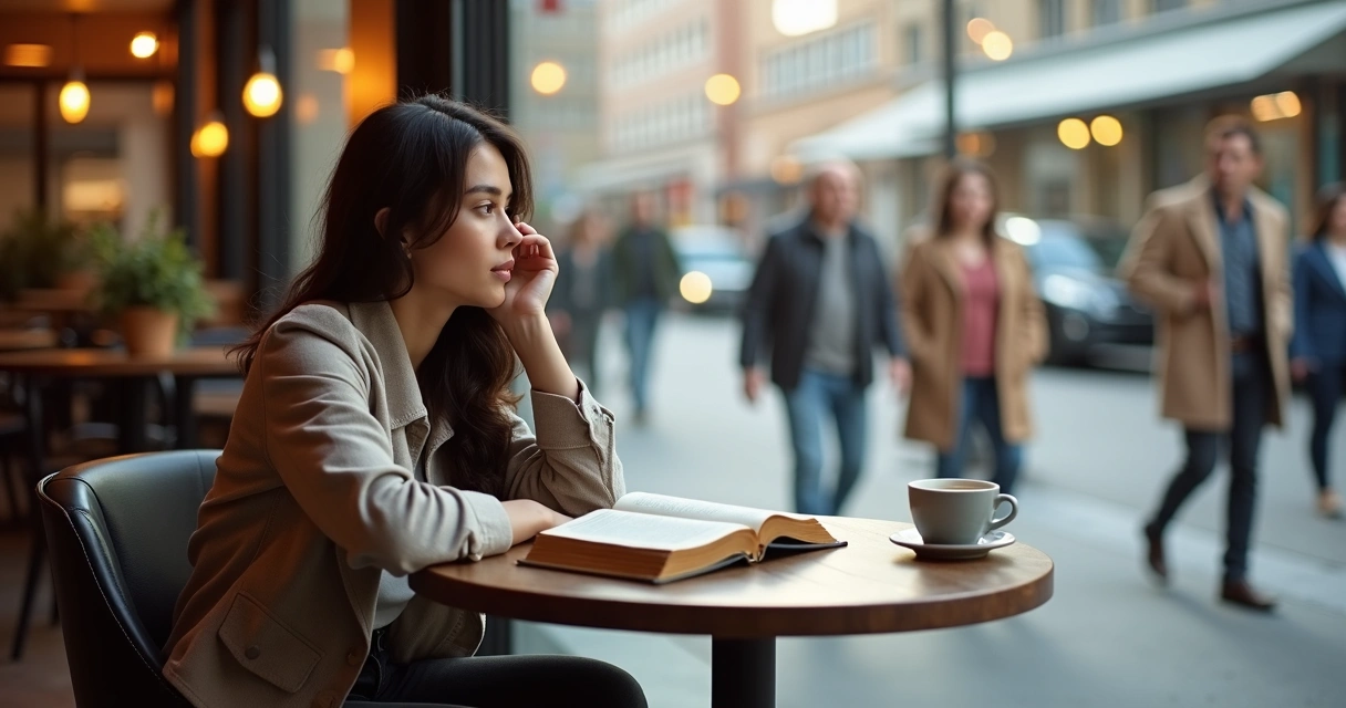 Mulher cristã sentada refletindo sozinha em um café moderno 