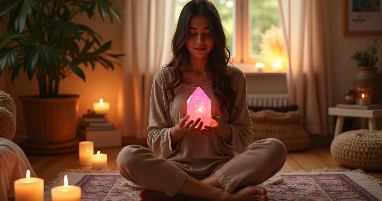 Mulher jovem faz ritual energético em casa 