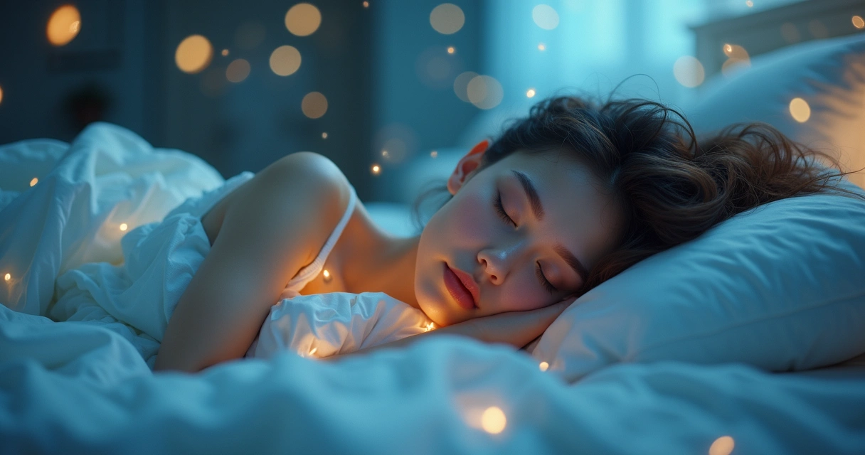 Mulher deitada na cama sonhando com brilho ao redor 