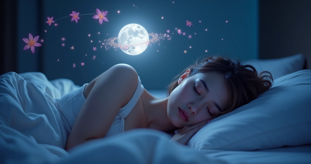 Mulher deitada sonhando com lua e símbolos do ciclo menstrual 