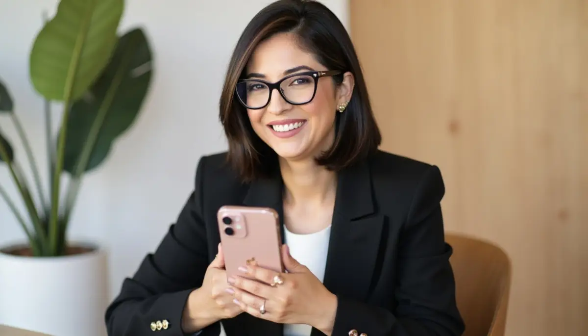 Mulher sorridente de óculos segurando um celular rosa em mãos