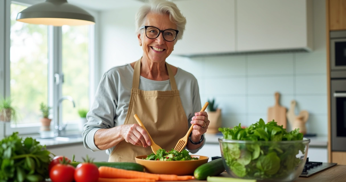 Mulher sorridente preparando salada colorida em uma cozinha bem iluminada